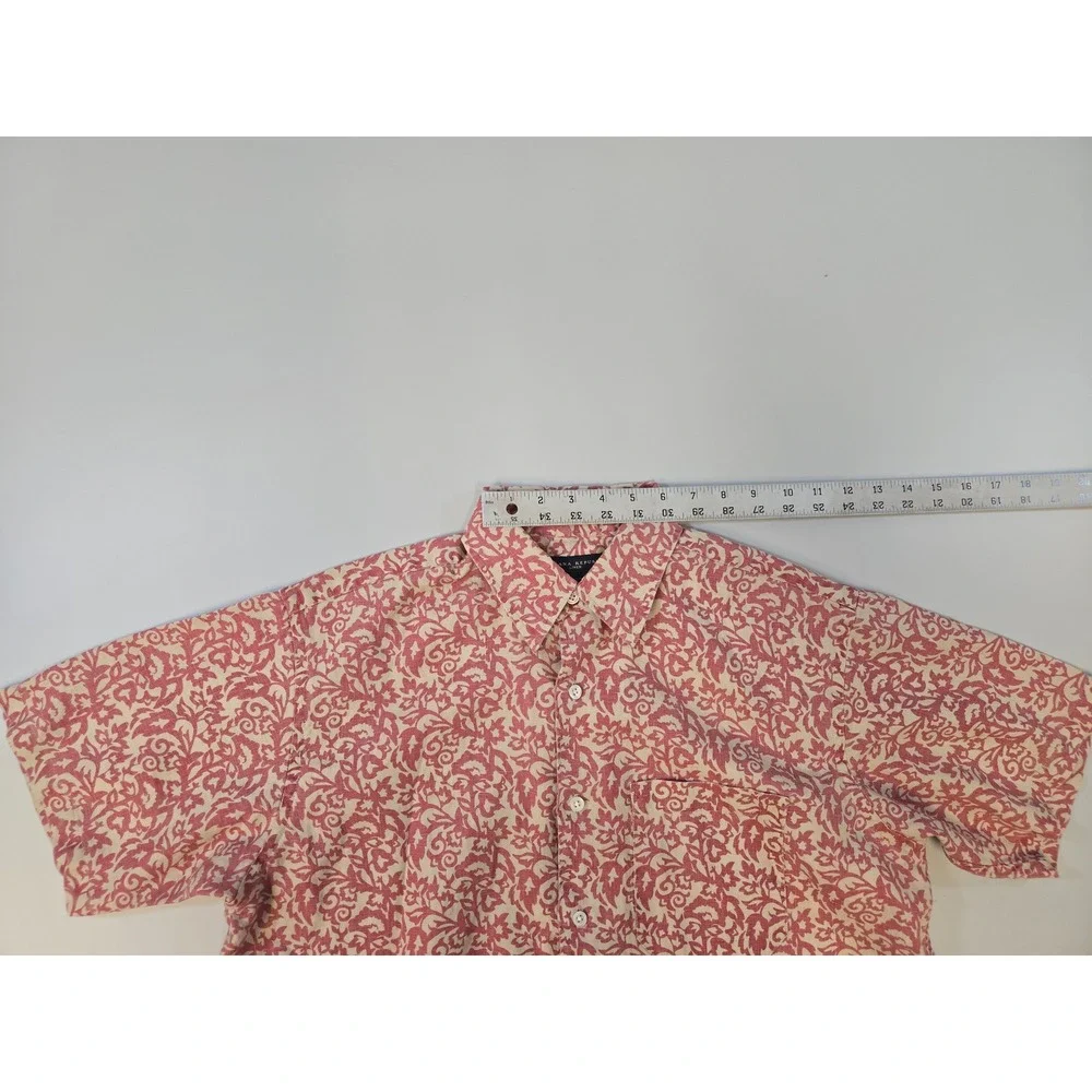 Banana Republic Mens Small Red Cream Damask Scroll Print‎ 100% Linen SS Shirt